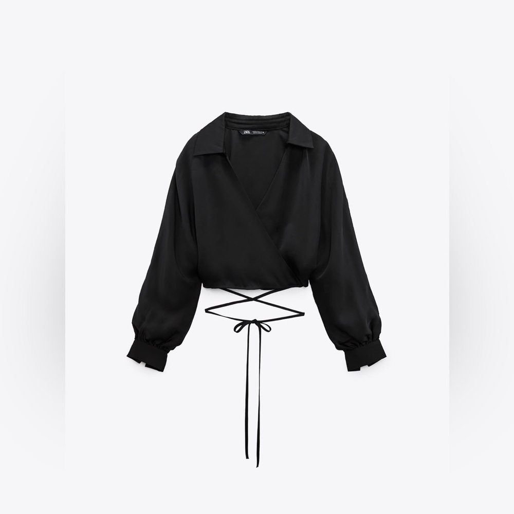 NWT Zara Satin Wrap Long Sleeve Cropped Blouse